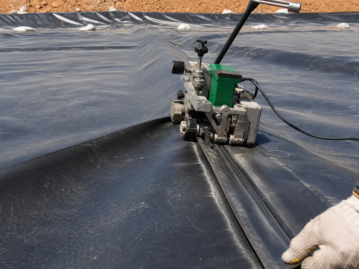 Solda de emenda em geomembrana PEAD com equipamento em campo