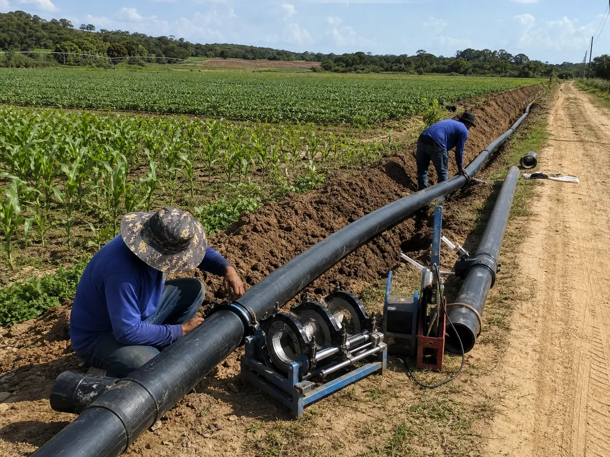 Tubulação PEAD sendo instalada em obra de irrigação agrícola com trabalhadores em área rural